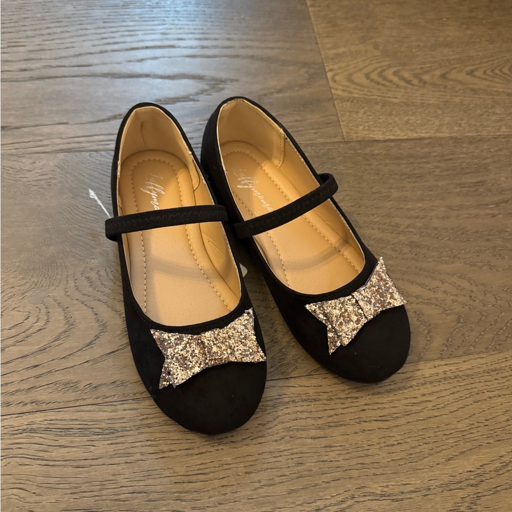 Girls black Mary Jane glitter bow flat dress shoes 13